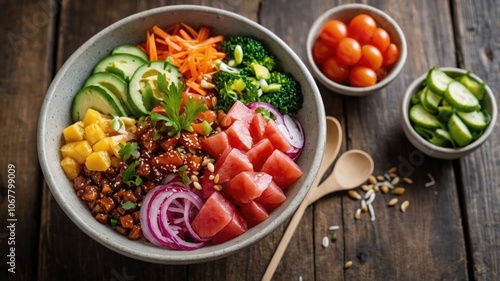 A colorful poke bowl with fresh ingredients like tuna, mango, and vegetables.