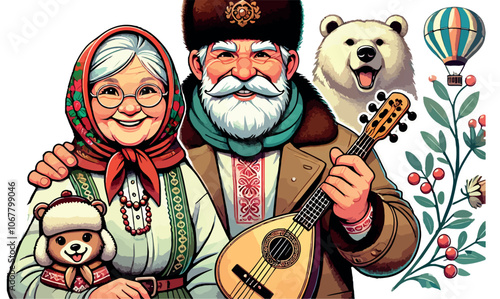 Elderly Russian Couple in Cozy Winter Clothes