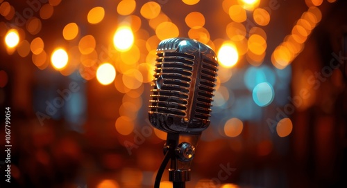 Chrome Microphone on Stage with Blurred Background and Bokeh Lights in Nightclub