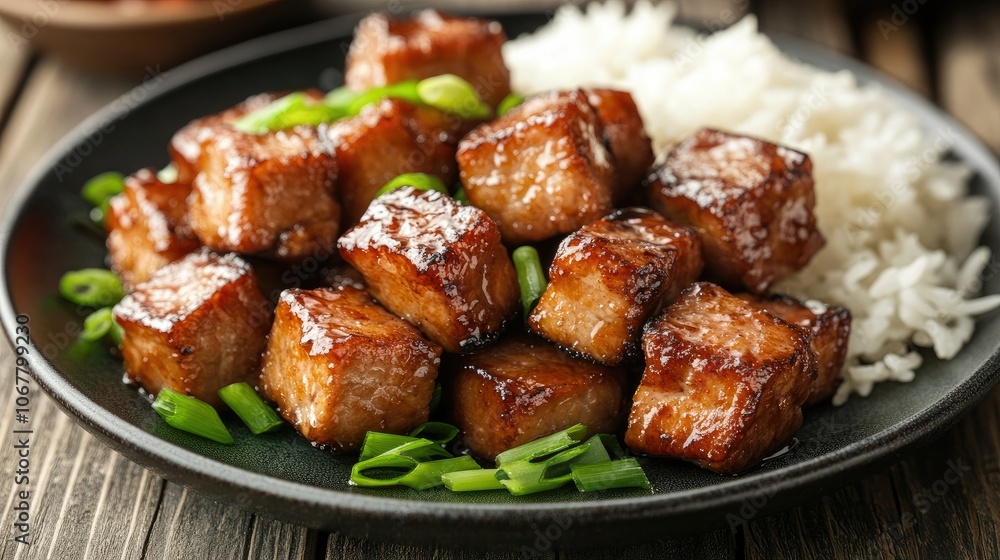 Golden-brown crispy pork cubes on a plate with steamed rice and green onions, ready to eat. Golden-brown crispy pork cubes on a plate with steamed rice and green onions, ready to eat.