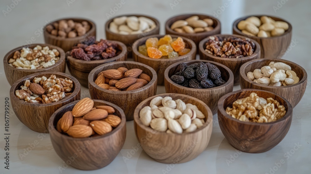 Assorted Nuts and Dried Fruits in Wooden Bowls Assorted Nuts and Dried Fruits in Wooden Bowls