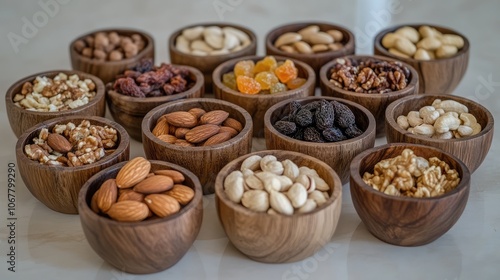 Assorted Nuts and Dried Fruits in Wooden Bowls