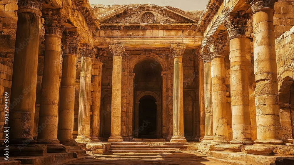 Fototapeta premium Historic Romanesque architecture with massive stone columns and arches, bathed in warm afternoon light.