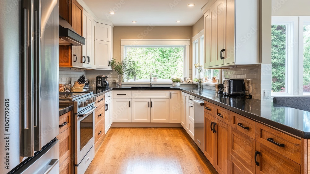 Fototapeta premium Modern Kitchen with Stainless Steel Appliances and Wood Cabinets