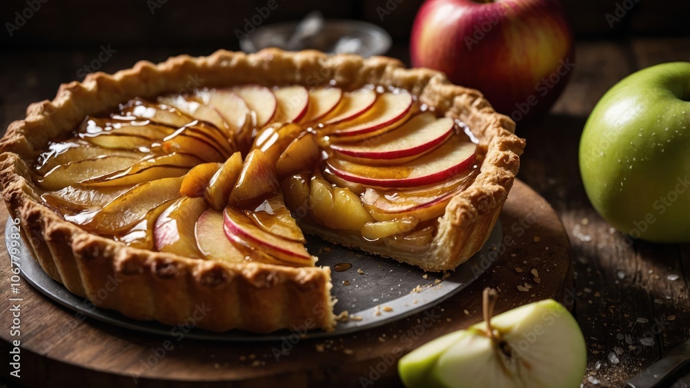 A delicious apple pie with sliced apples, caramel glaze, and fresh apples nearby. A delicious apple pie with sliced apples, caramel glaze, and fresh apples nearby.