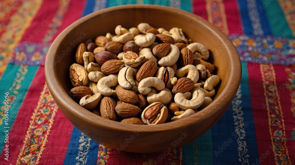 A wooden bowl filled with a variety of nuts on a colorful woven tablecloth. A wooden bowl filled with a variety of nuts on a colorful woven tablecloth.