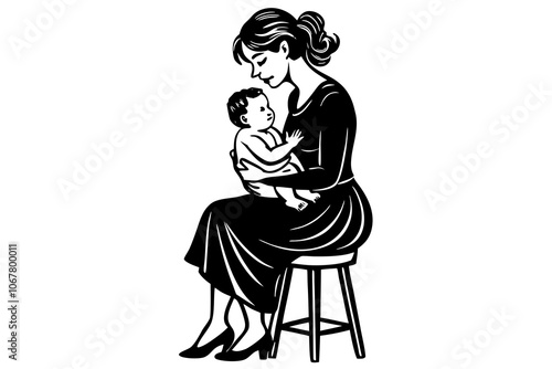 Young woman sitting on a stool and raises the baby in his arms