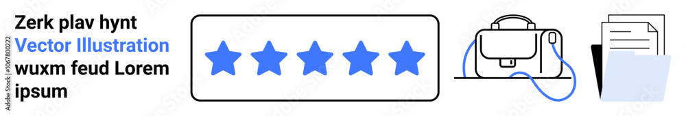 Five blue stars for review, briefcase with headphones, and documents. Ideal for business, education, digital content, marketing, presentations, user interface, professional portfolios. Landing page Five blue stars for review, briefcase with headphones, and documents. Ideal for business, education, digital content, marketing, presentations, user interface, professional portfolios. Landing page