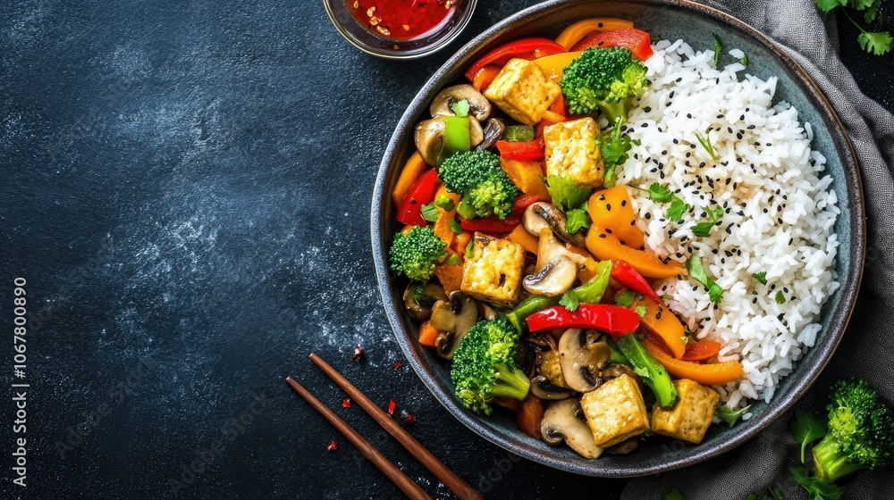 Tofu stir-fry with vibrant vegetables like bell peppers, broccoli, and mushrooms, served over a bed of steaming rice. Tofu stir-fry with vibrant vegetables like bell peppers, broccoli, and mushrooms, served over a bed of steaming rice.
