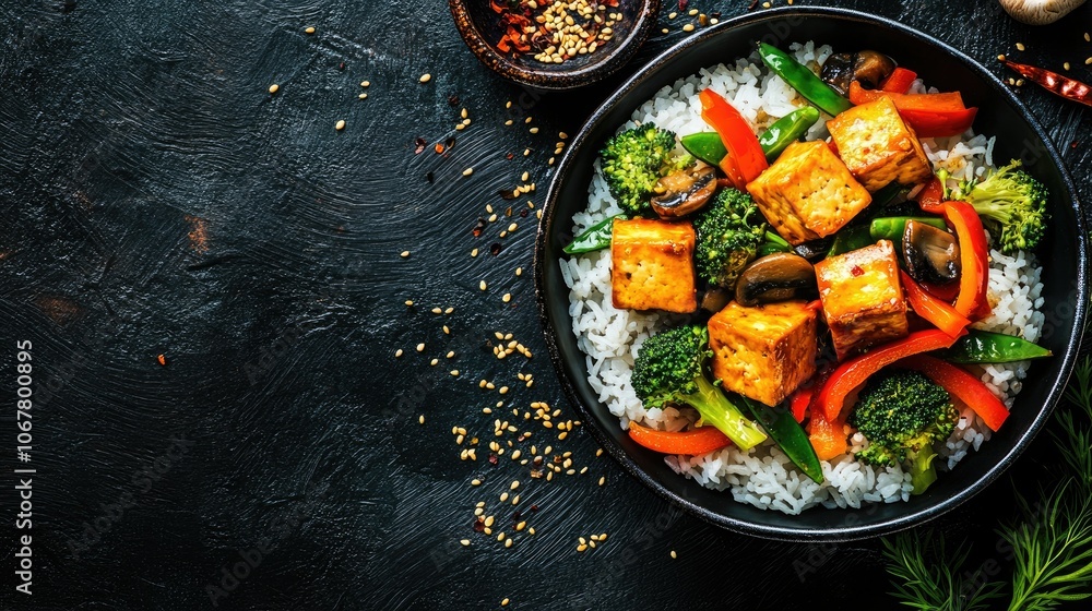 Tofu stir-fry with vibrant vegetables like bell peppers, broccoli, and mushrooms, served over a bed of steaming rice. Tofu stir-fry with vibrant vegetables like bell peppers, broccoli, and mushrooms, served over a bed of steaming rice.