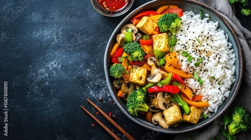 Tofu stir-fry with vibrant vegetables like bell peppers, broccoli, and mushrooms, served over a bed of steaming rice.