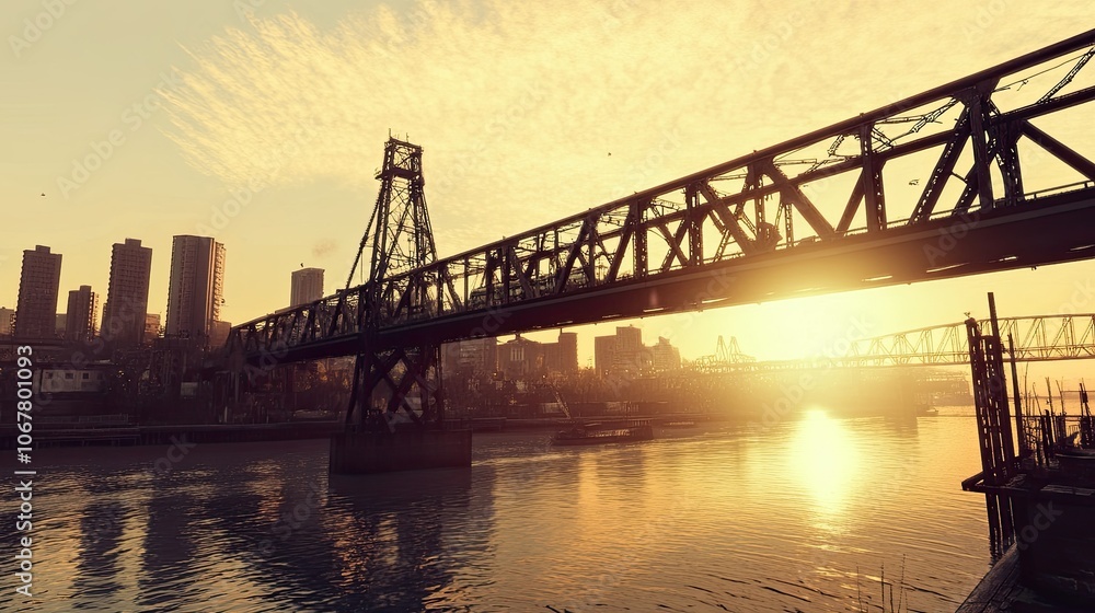 Fototapeta premium Train crossing a high bridge over a river during sunset, casting a dramatic silhouette against the colorful sky.