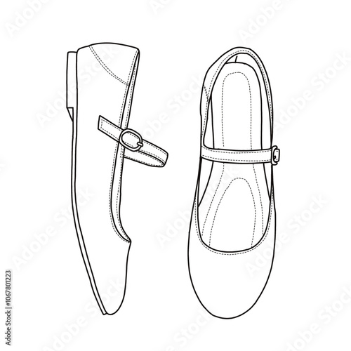 Women's Women Dressy Comfortable Round Toe Slip on Ballet Flat Shoes Line art, Technical sketch hand drawing outline vector doodle illustration side and top view isolated on white background