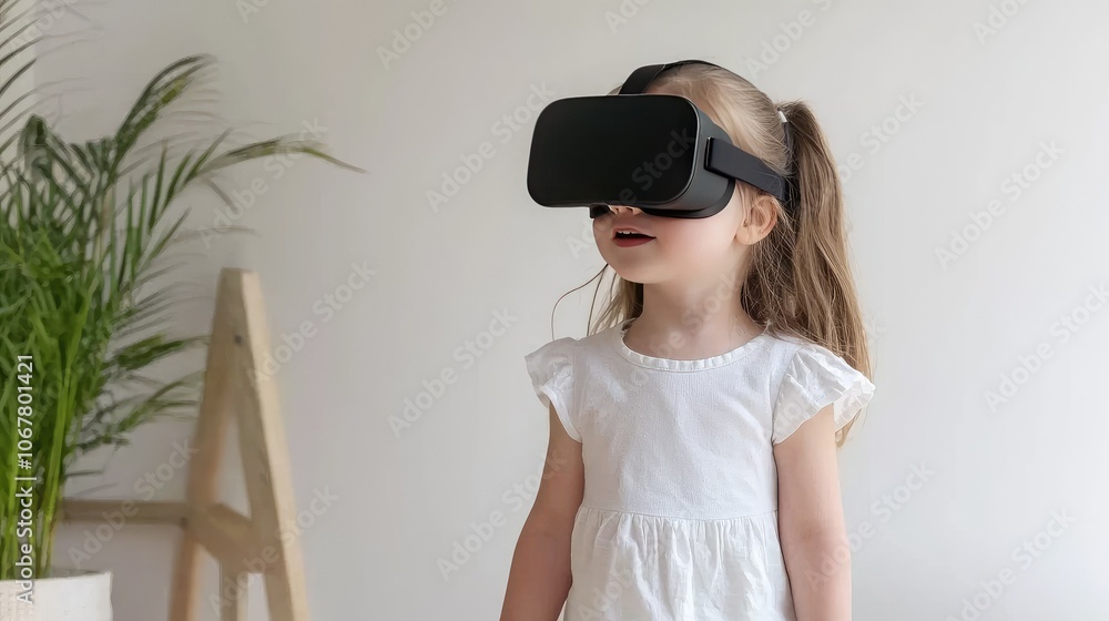 Fototapeta premium Child exploring virtual reality with goggles, modern indoor setting.