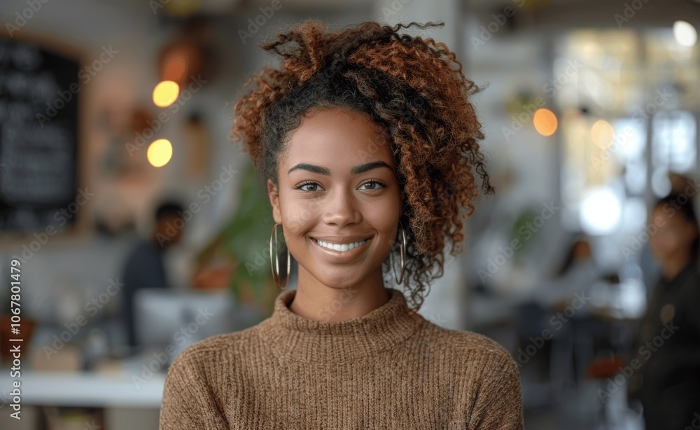 Smiling African American woman holding phone in modern office Smiling African American woman holding phone in modern office