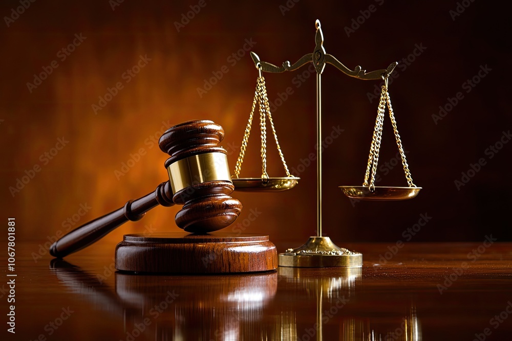 Gavel and scales of justice on wooden table, dramatic lighting, legal symbol. Gavel and scales of justice on wooden table, dramatic lighting, legal symbol.