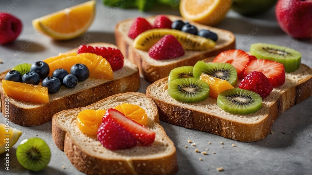 Colorful fruit-topped toast arranged on a surface, showcasing a healthy breakfast option. Colorful fruit-topped toast arranged on a surface, showcasing a healthy breakfast option.