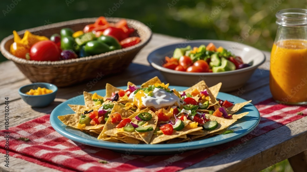 A colorful plate of nachos topped with vegetables and a side of fresh salads. A colorful plate of nachos topped with vegetables and a side of fresh salads.