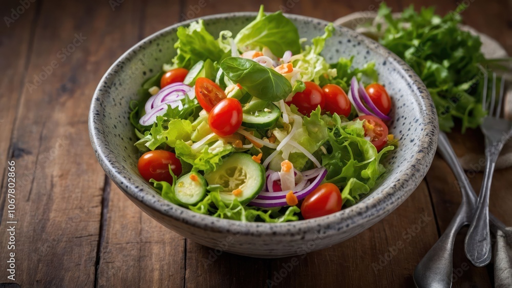 A vibrant salad with fresh vegetables in a rustic bowl on a wooden table. A vibrant salad with fresh vegetables in a rustic bowl on a wooden table.