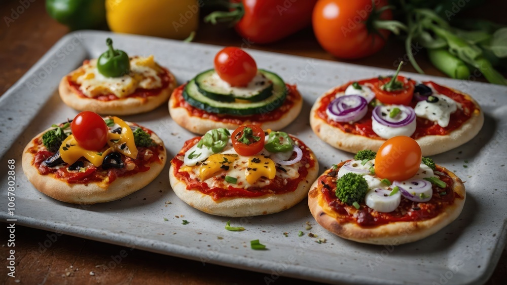 A platter of mini pizzas topped with various colorful vegetables and garnishes. A platter of mini pizzas topped with various colorful vegetables and garnishes.