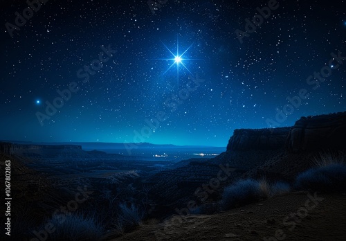 Star of Bethlehem Over Desert Night Sky Illuminating Christmas Nativity Scene photo