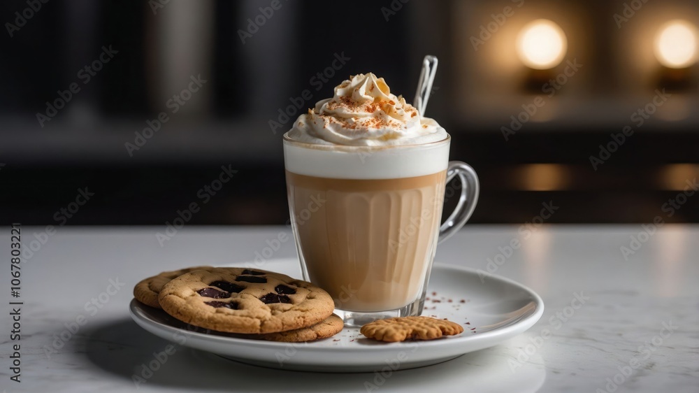 A cozy scene featuring a latte topped with whipped cream and cookies on a plate. A cozy scene featuring a latte topped with whipped cream and cookies on a plate.