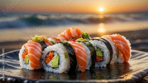 Sushi rolls on a plate with a sunset beach background, highlighting a culinary experience. photo