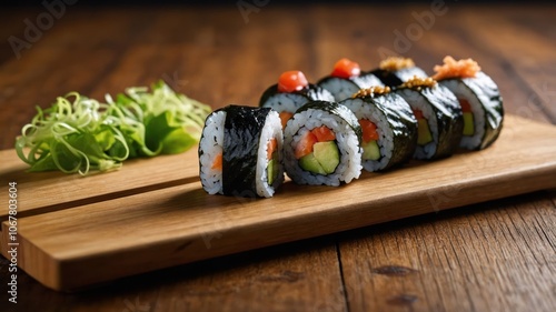 A close-up of sushi rolls on a wooden board, showcasing fresh ingredients and presentation.
