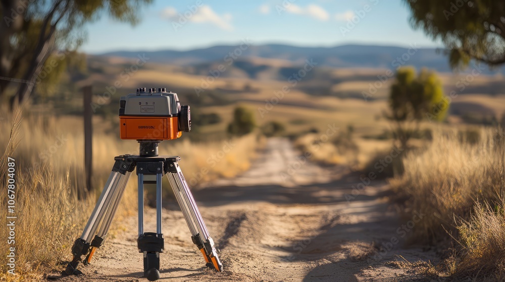 Naklejka premium Survey Equipment on Dirt Road in Scenic Landscape
