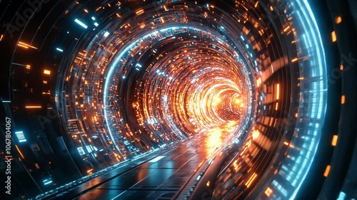 Fast motion through a futuristic glowing tunnel with digital lights.
