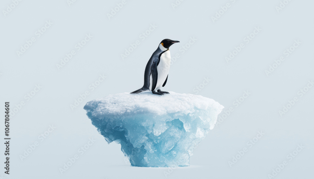 Fototapeta premium A solitary penguin perched on an ice floe against a pale blue background, symbolizing resilience and isolation in a changing environment.