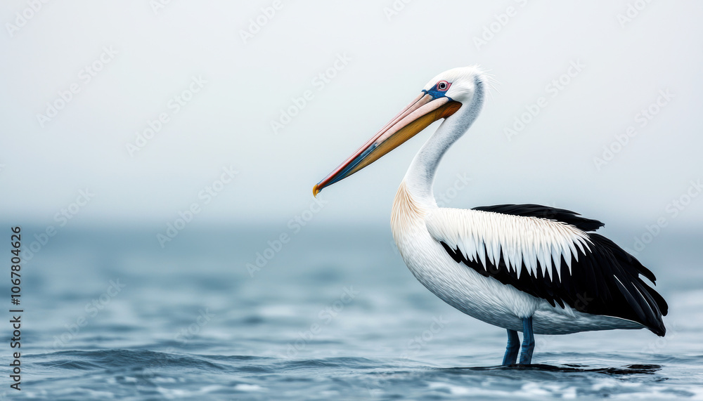 A serene pelican stands in calm waters, showcasing its distinct black and white feathers against a soft, muted background. A serene pelican stands in calm waters, showcasing its distinct black and white feathers against a soft, muted background.