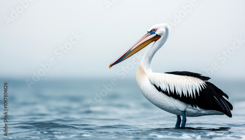 A serene pelican stands in calm waters, showcasing its distinct black and white feathers against a soft, muted background.