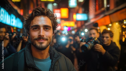 Smiling man in busy urban night scene surrounded by photographers