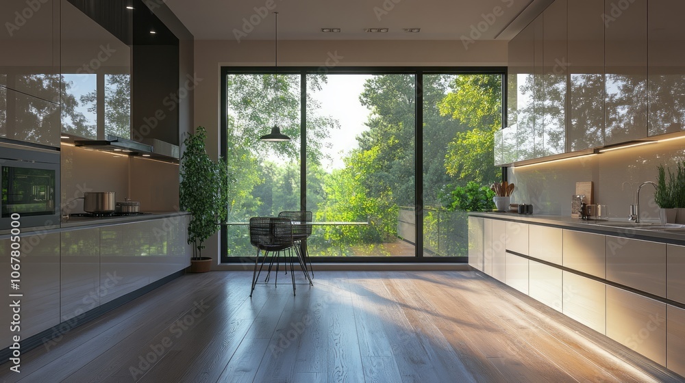 Obraz premium Modern Kitchen with Large Window Overlooking Lush Greenery