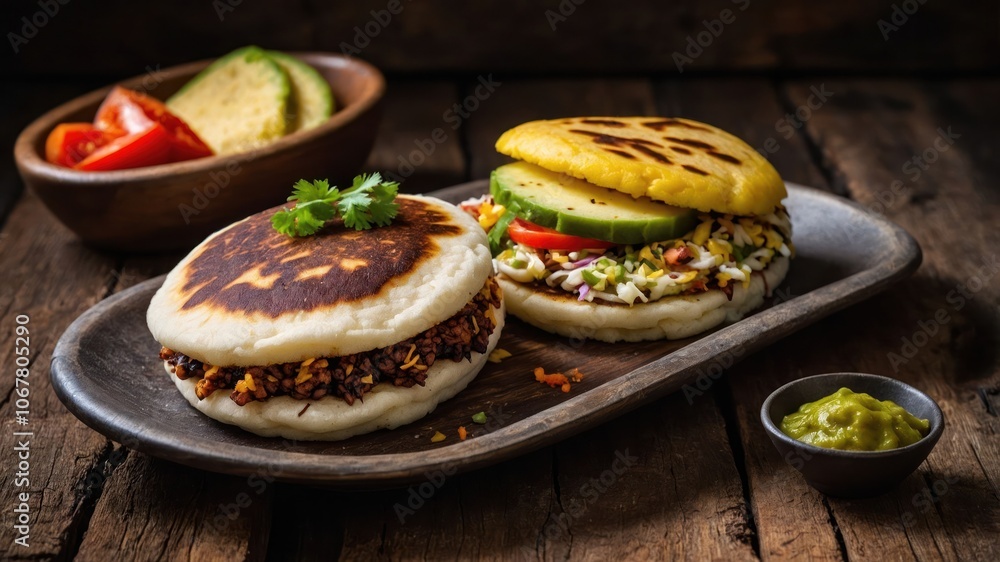 Two arepas filled with vegetables and meat, served with sides of salsa and bread. Two arepas filled with vegetables and meat, served with sides of salsa and bread.