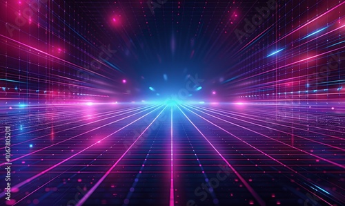 Retro Futuristic 80s Neon Vector Wireframe Background with Grid Lines and Glowing Light Effect