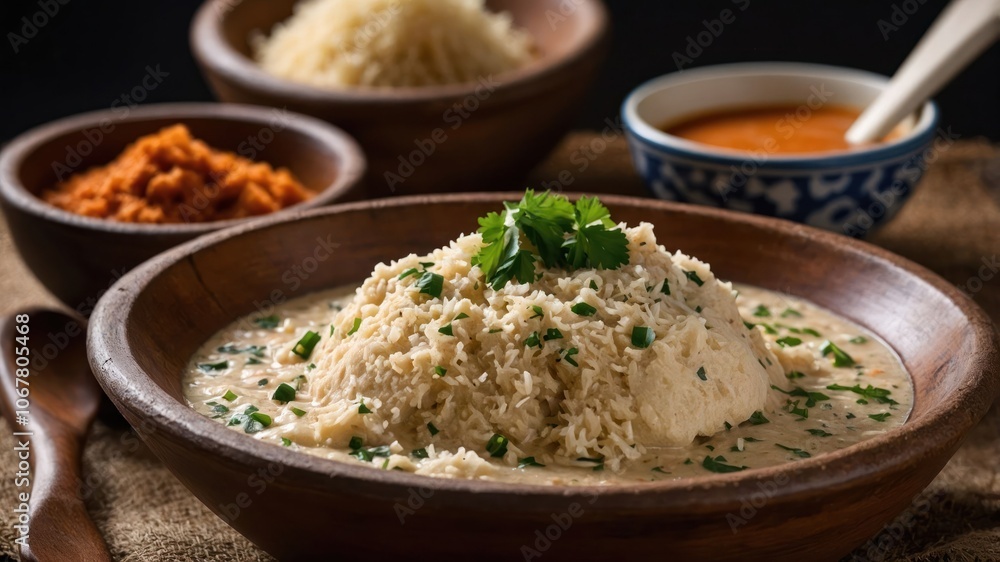 A bowl of rice served with sauce and garnished, showcasing a delicious meal. A bowl of rice served with sauce and garnished, showcasing a delicious meal.