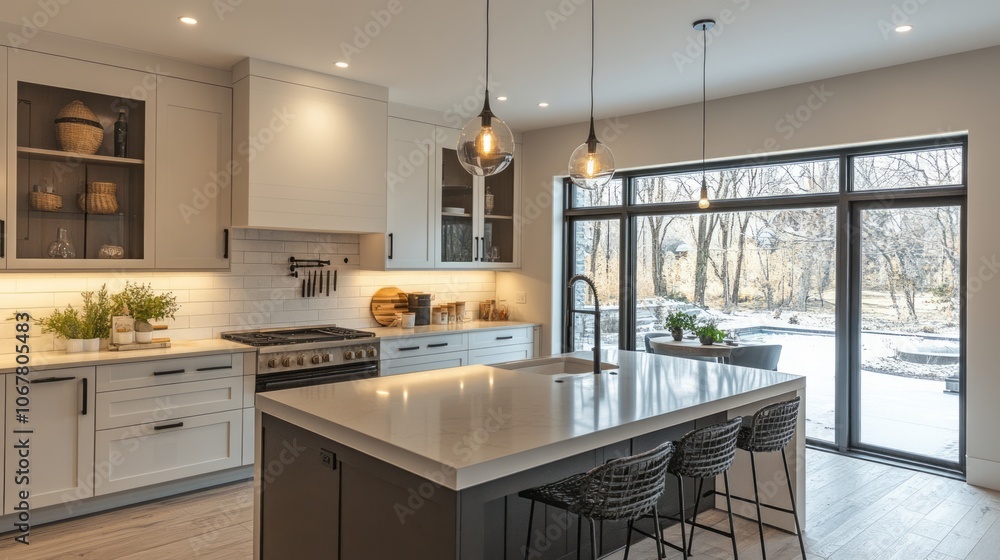 Fototapeta premium Modern Kitchen Island with White Cabinets and a View of a Snowy Backyard