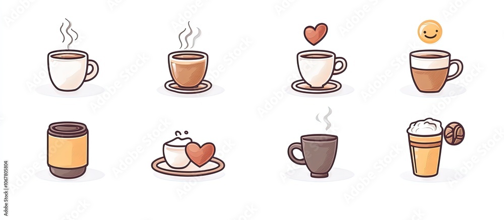 A collection of coffee cup illustrations with various designs. A collection of coffee cup illustrations with various designs.