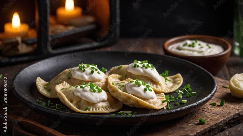 A plate of dumplings topped with sour cream and herbs, set in a rustic ambiance. A plate of dumplings topped with sour cream and herbs, set in a rustic ambiance.