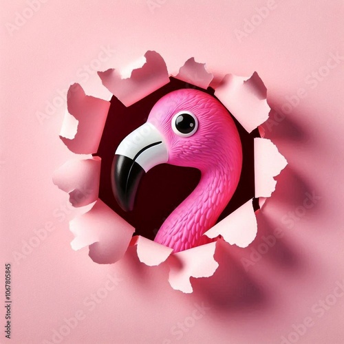 niedlicher kleiner Flamingo schaut durch ein Loch in der Wand photo