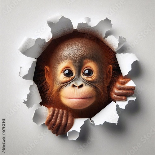 niedlicher Orang Utan schaut durch ein Loch in der Wand photo