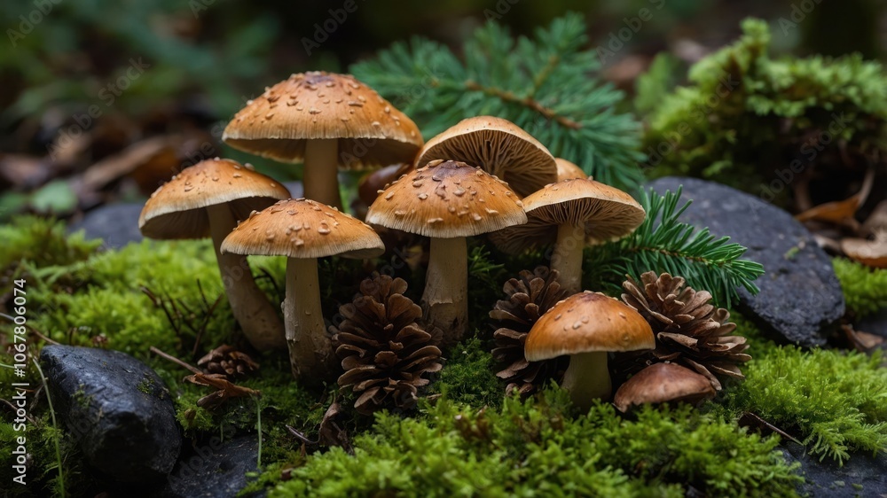 A cluster of mushrooms growing on mossy ground with pinecones and greenery. A cluster of mushrooms growing on mossy ground with pinecones and greenery.