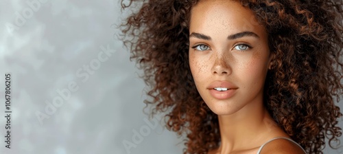 Beautiful Woman with Curly Hair Posing for Skincare Photoshoot on Light Grey Background