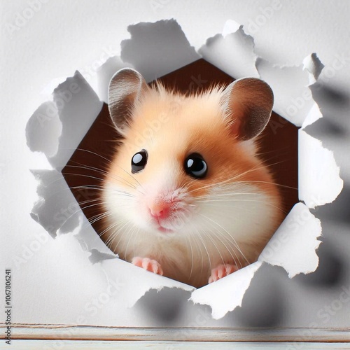 niedlicher kleiner Hamster schaut durch ein Loch in der Wand photo