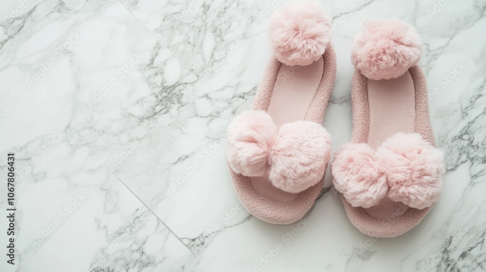 Fluffy winter slippers with pom-poms, soft texture, on a marble tile Fluffy winter slippers with pom-poms, soft texture, on a marble tile