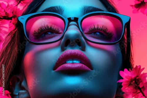 A striking portrait of a woman wearing pink glasses surrounded by vivid flowers, creating a dreamlike, futuristic aesthetic with bold colors and contrast.