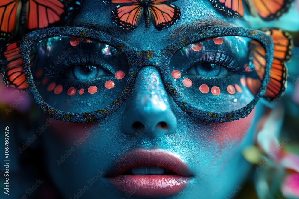 Obraz premium A whimsical fantasy portrait emphasizing a woman's artistry with butterfly-themed glasses in dazzling colors, exuding creativity and artistic expression.
