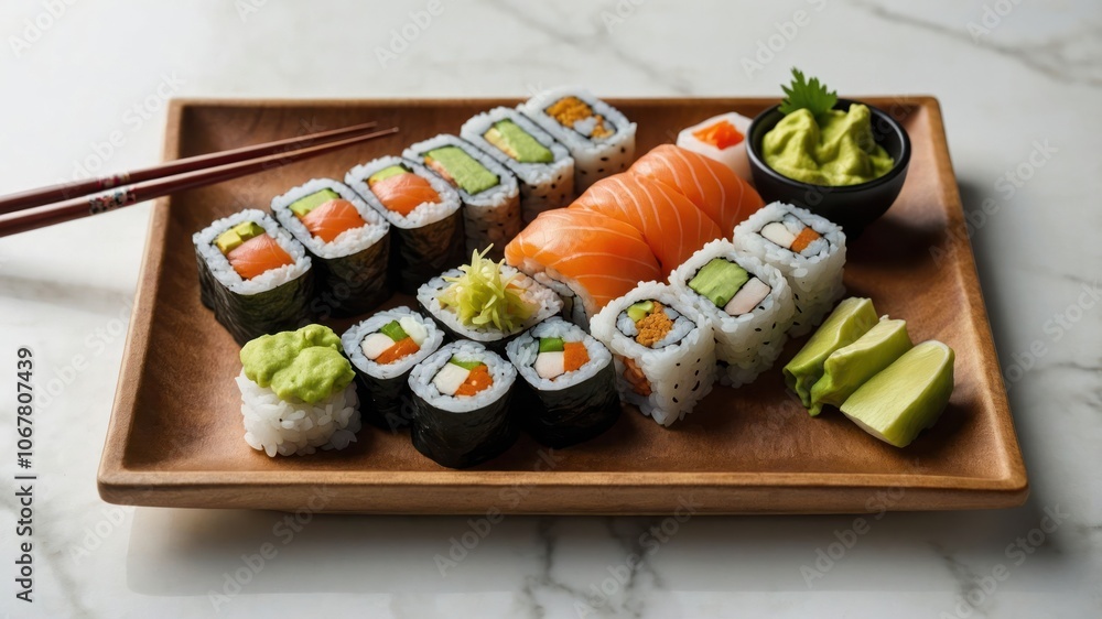 A beautifully arranged sushi platter with various rolls and condiments. A beautifully arranged sushi platter with various rolls and condiments.